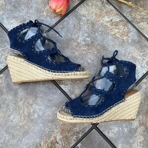 Sole Society Navy Strappy Lace Up Espadrille Wedges Sz 6 Gladiator